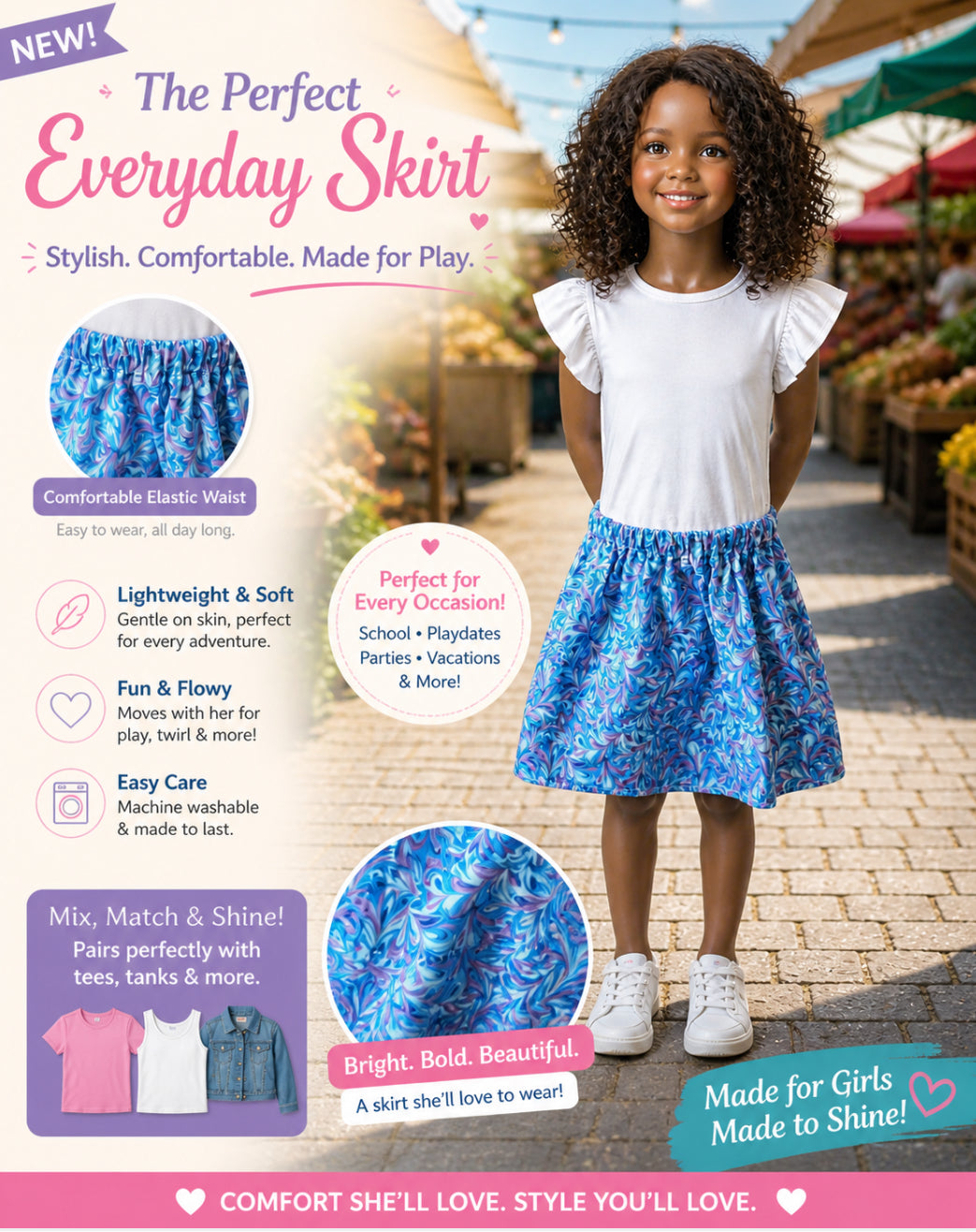 Blue and pink paint brush children skirt