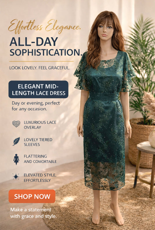 Elegant Mid-Length Green Lace Dress